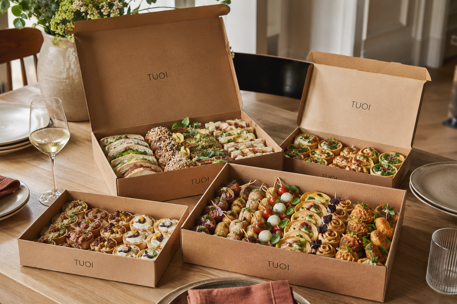 Cajas TUOI abiertas con el catering preparado para llevar