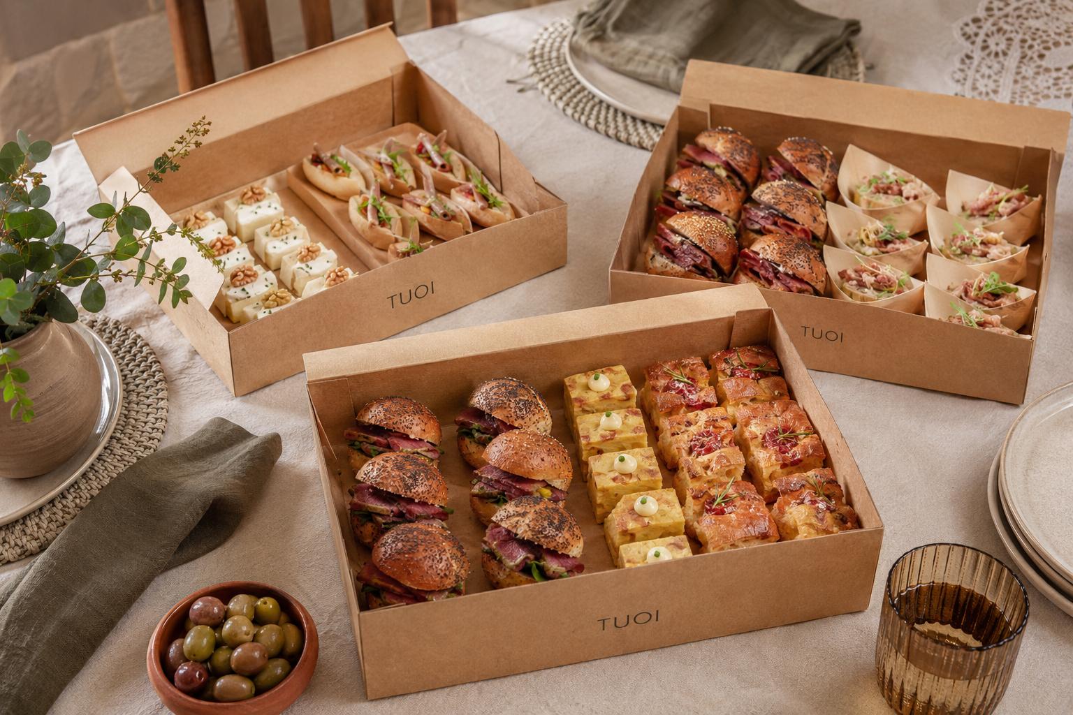 Cajas TUOI con una selección de bocados salados
